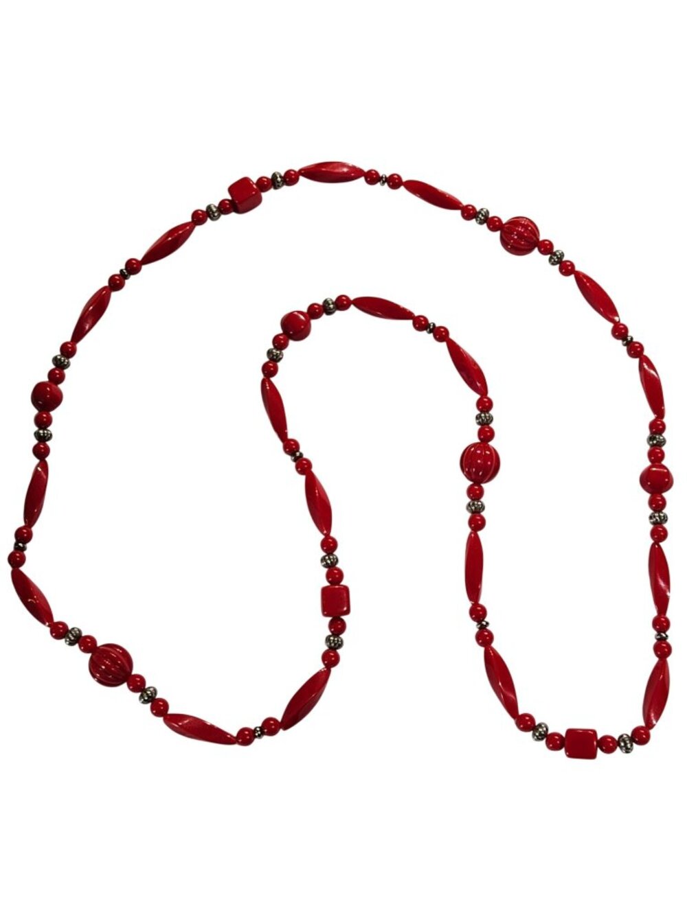 Vintage Red Plastic Silvertone Beaded Necklace No Clasp 46 inches
